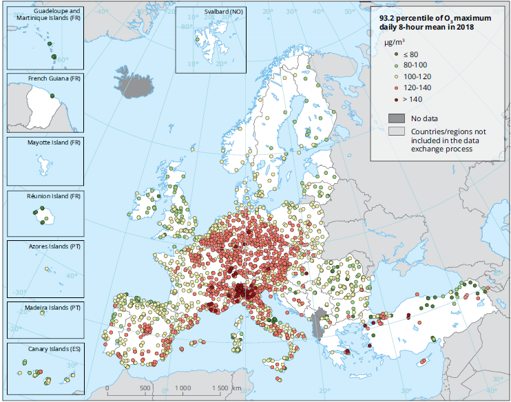 Prikaz izloženosti onečišćenja zraka prizemnim ozonom na području Europe