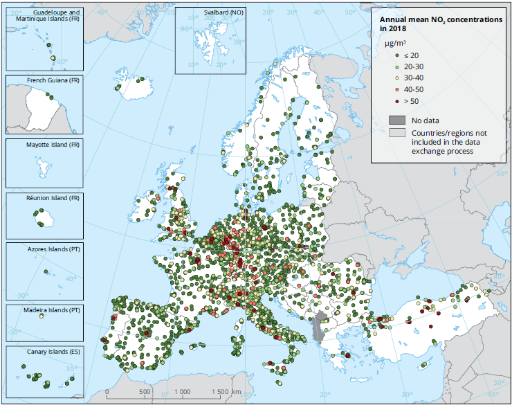 Prikaz izloženosti onečišćenja zraka dušikovim dioksidom na području Europe